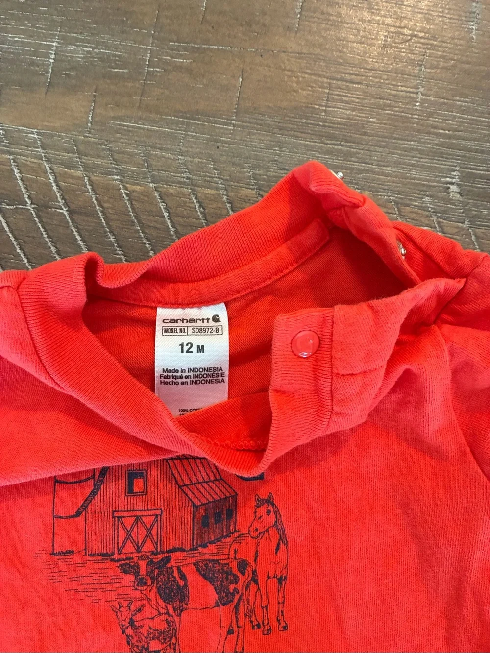 Carhartt Red Baby Onesie with Farm Graphic